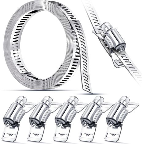 Abrazadera de manguera de acero inoxidable de 2 m, abrazadera de correa de acero inoxidable ajustable con 5 piezas de fijación para tubo de escape, intercooler, lavadora, coche, piscina. (1/5)