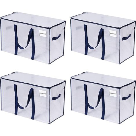 Sac Déménagement avec Couvercle et Poignées Renforcées, Sac de Rangement Vêtement Résistant, Alternative aux Cartons Déménagement, Sacs de Voyage (Transparent)