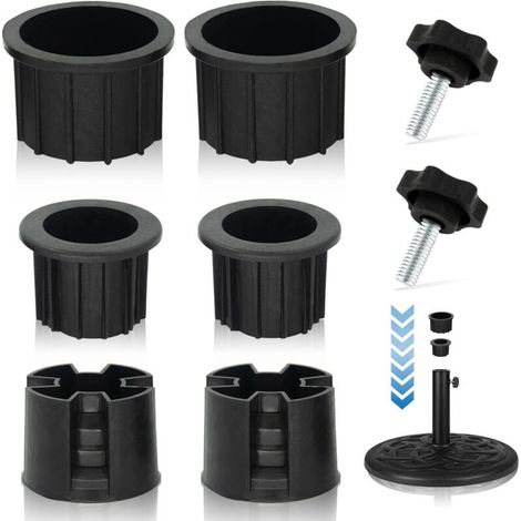 Ensemble de 8 pièces pour pied de parasol : anneaux de fixation, bouchons et embouts, base de support et manchon de stabilisation. (1/5)