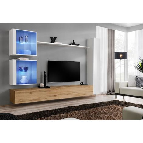 Ensemble mural - Switch XVIII - 2 vitrines LED - 1 vitrine verticale - 2 bancs TV - 1 étagère - Bois et blanc - Modèle 2 - Livraison gratuite