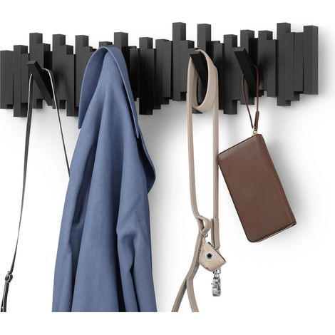 Porte-manteau mural – 8 crochets en bois massif – hêtre et noyer – résistant humidité – entrée salle de bain – Noir (1/5)