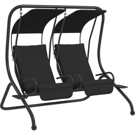 Outsunny Canopy Swing 2 Separate Relax Chairs w/ Handrails, Cup Holders Black