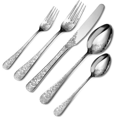 Service de couverts 20 pièces pour 4 personnes – Acier inoxydable – Motif fleur de pivoine – Compatible lave-vaisselle