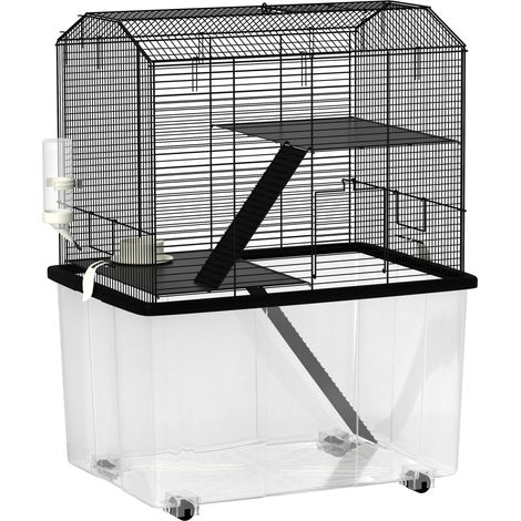 Cage pour hamster et rongeur, 3 niveaux avec roues, plateforme et échelle, en fil d'acier 57 x 43 x 74 cm, noir (1/5)