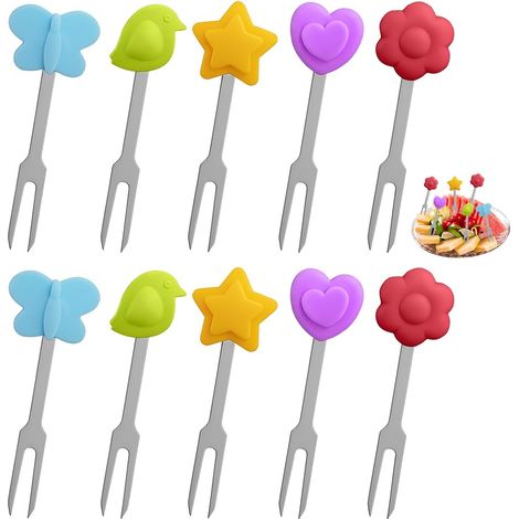 10 PCS Fourchettes à Dessert Inox 7 CM,Mini Fourchettes Apéritif,Fourchette à Salade de Table avec Décoration en Silicone,Fourchette Gâteau à Fruits,Food Picks pour Maison, Restaurant, Hôtel