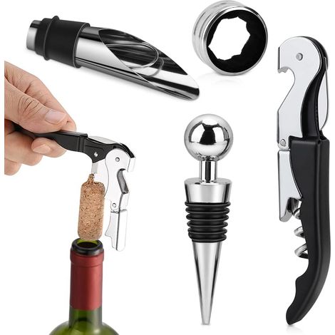Ensemble de 4 tire-bouchons en acier inoxydable comprenant un tire-bouchon, des anneaux anti-gouttes, un bouchon et un bec verseur. (1/5)