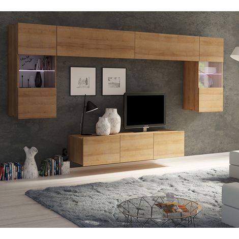 Wohnzimmer TV-Wand Set in Eiche Gold Nb. mit LED Beleuchtung CAIRNS-132, B/H/T ca. 220/200/43 cm (1/5)