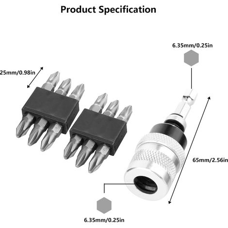 Limiteur de profondeur de vissage réglable ressort, acier chrome-vanadium, aimanté, 1 butée 65mm + 12 embouts cruciformes PH2 6.35x25mm pour placo bois (1/5)
