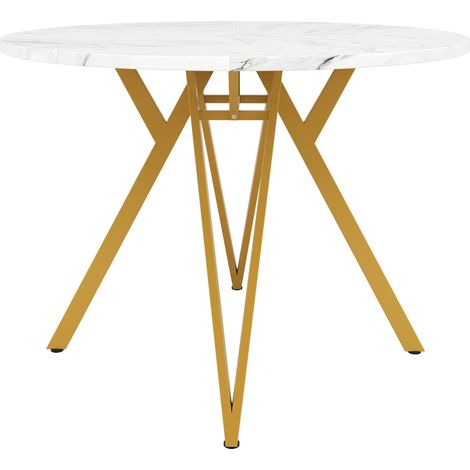 Table ronde pour salle à manger 100x100x76 cm avec plateau MDF imitation marbre et pieds métal réglables (1/5)