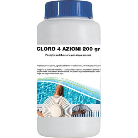 Cloro 4 azioni a Pastiglie per piscina (1 KG: 5 Pastiglie da 200 gr ) - Cloro a lenta dissoluzione ad azione clorante, alghicida, stabilizzante del pH (1/5)