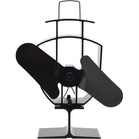 Autarker Holzofenventilator, 2 schwarze Flügel, feuerfeste Kabel, Betrieb ohne Strom, für Kamine und sparsames Heizen