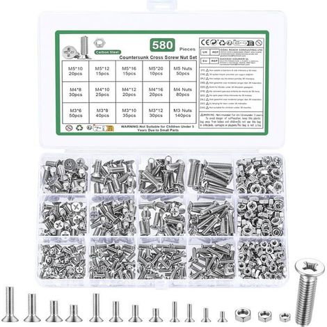 580 Pcs Vis M3 M4 M5,Vis Boulon Et Écrous Boulons Vis À Tête Plate Cruciforme Et Écrous,Visserie Boulon À Tête Cruciforme Av[CA76] (1/5)