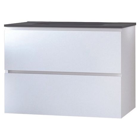 ONDEE ZEN - Meuble salle de bain à suspendre TRENDY - 80cm -2 tiroirs - Blanc brillant- Plan noir (1/3)