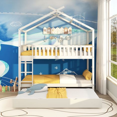 Letto a castello, letto per bambino con estraibile letto, tre letti, in legno massello con recinzione, 90x200 cm, grigio (1/7)