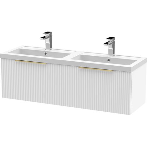 Fluted Front Wall Hung 2-Drawer Bathroom Vanity Unit with Double Basin, 1200mm, Satin White, Brushed Brass Handles
