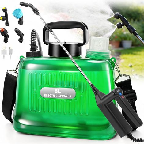 Pulvérisateur Électrique 8L, Pulverisateur de Jardin, Poignée 3 Vitesses Réglables, 4 Buses, Lance Télescopique, Pulvérisateur à Batterie pour Désherbage, Pelouse, Allée - Vert Transparent (1/5)