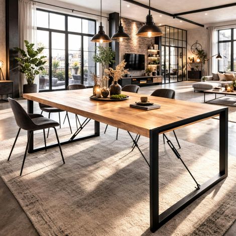 Table à manger bois clair à tendeurs noirs 140 cm MILORA