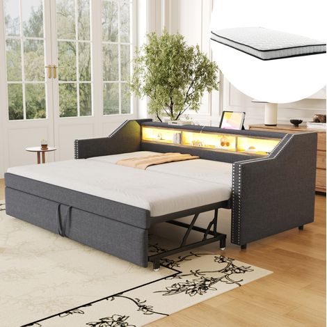 CHICFURN Divano letto estensibile 90/180x190 cm in lino grigio scuro, LED USB e 2 materassi a molle (1/5)