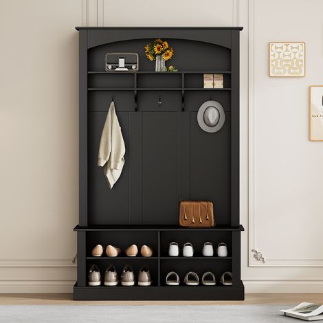 Set di mobili da ingresso da 190 cm, armadio da ingresso 3 in 1 con panca portascarpe multifunzionale, pratico contenitore, nero (1/5)