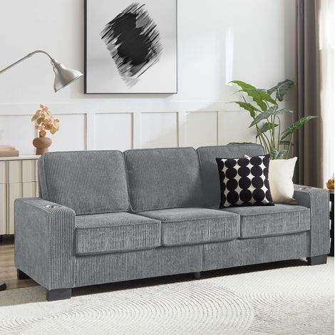 Canapé 3 places 206x72x86 cm gris, avec porte-gobelets, en tissu côtelé, design moderne MEUBLIV (1/5)