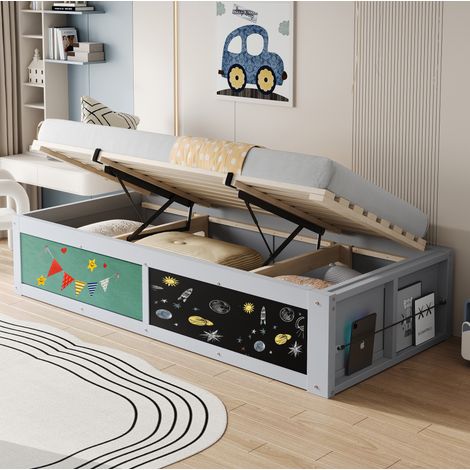 lit adulte rangement 90x200 bois gris multifonction HAVRYA (1/5)