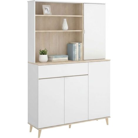 Dmora - Credenza Sparavero, Buffet dispensa da soggiorno, Madia da salotto moderna a 4 ante, 120x40h191 cm, Bianco e Rovere, con imballo rinforzato