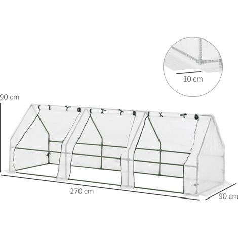 Mini serre blanche 270x90x90cm toit pointu, PE 140g/m² anti-UV 3 fenêtres zippées enroulables (1/5)