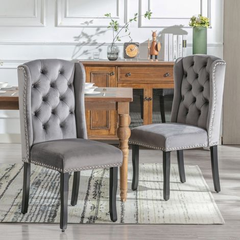 Lot de 6 chaises en velours gris avec pieds en chêne, détails chromés et garniture tête de clou - idéales salle à manger, cuisine, salon 61x45x100cm (1/5)