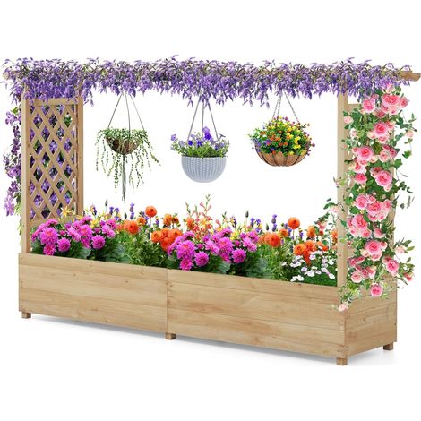 GOPLUS Lit de Jardin Surélevé avec Treillis, Jardinière Surélevée en Bois avec Toit Suspendu pour Plantes Grimpantes, Fleurs, Trous de Drainage pour Jardin, Terrasse (1/5)