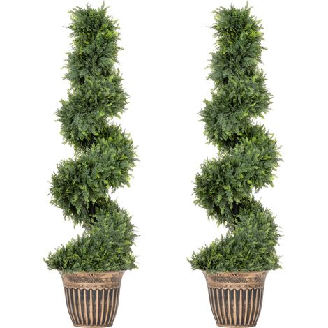 HOMCOM Set of 2 Potted Artificial Plants, Topiary Spiral Cypressd Trees