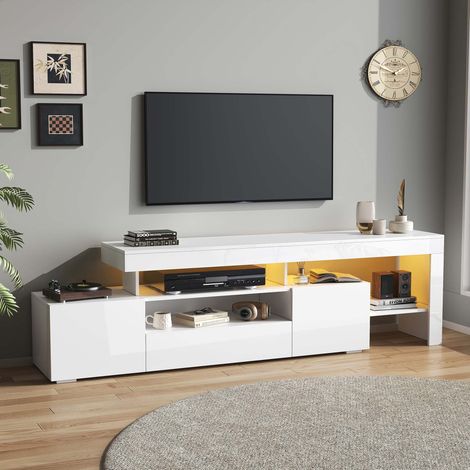 Meuble TV 192 cm blanc brillant avec LED via application, 3 portes abattantes et rangements ouverts, pour TV jusqu’à 85 pouces (1/5)