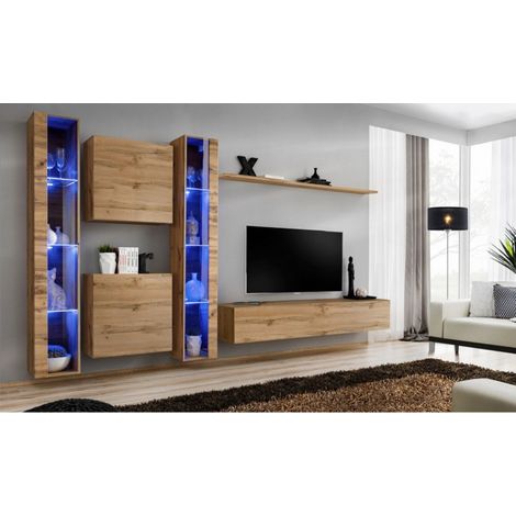 Ensemble mural - Switch XVI - 2 vitrines LED - 2 vitrines carrées - 1 banc TV - 1 étagère - Bois - Livraison gratuite