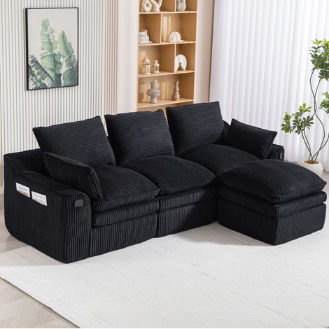 Divano modulare da 3 posti in velluto a coste (panno) con pouf, cuscini e tasche laterali, nero (1/5)