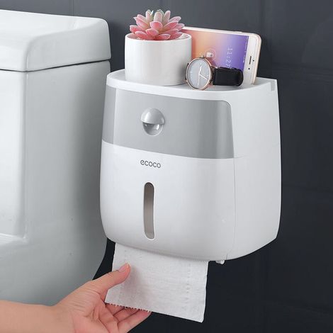 Porte Rouleau Papier Toilette Adhésif Support Papier WC avec Tablette Mural San Percage Derouleur Papier Hygienique Distributeur Mouchoirs Voiture avec Tiroir et Étagère Salle Bains Blanc Gris——Adélal (1/5)