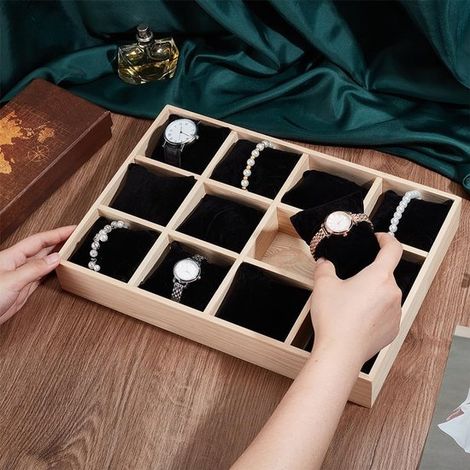 Uhrenorganizer aus Holz mit 12 Fächern, herausnehmbaren Samtkissen, stapelbar, Aufbewahrungsbox für Schmuck und Armbänder, Schublade, Vitrine, Schwarz (1/4)