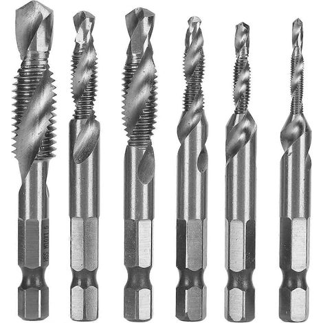 6-teiliges Gewindebohrer-Set mit 1/4-Zoll-Sechskantschaft und Spiralbohrer zum Bohren, Gewindeschneiden und Anfasen (silberfarben)