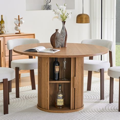 Runder Esstisch aus Holzwerkstoff walnussfarben Ø120 cm mit 2-stufigem Stauraum, für 4–6 Personen (1/5)