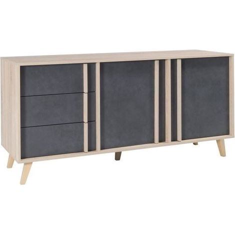 Meublorama – Buffet scandinave MALMO gris – 165 cm longueur x 78 cm hauteur x 50 cm largeur – 2 portes et 3 tiroirs – Design moderne pour salon (1/4)