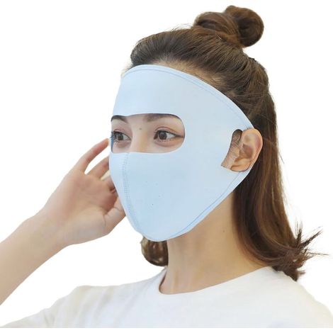 Masque de protection solaire en coton de soie glacée, respirant, confortable et léger, protection solaire à 360°, masque intégral bleu clair (1/5)