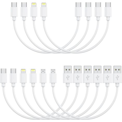 [30CM, 10Pack] Multi USB Câbles Charge Court, Charge Rapide et Synchronisation Type-C/Lightning/Micro Câbles en Vrac pour Charge Station pour iPhone17 et 15, iPhone5-14, Mobiles, Tablettes, Blanc (1/5)