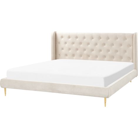 Cama con somier de terciopelo beige dorado 180 x 200 cm cabecero capitoné Forbach