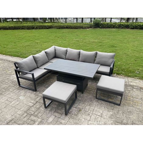 Fimous Aluminium Garden Furniture Sets,8 Seater Outdoor Conversational Dining Set with Adjustable Rising Lifting Dining Table,2 Big Footstools Dark Grey (1/5)
