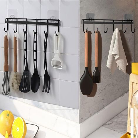 2 Pièces Porte Ustensiles Cuisine,Support Ustensiles Cuisine avec 6 crochets,sans perçage Rangement Organiseur Rack pour cuisine/Bains (Noir) (1/5)