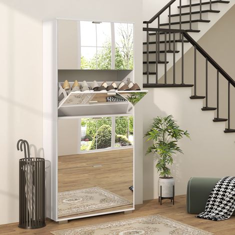 Meuble à Chaussures Économiseur d'Espace Slim avec Miroir et 4 Tiroirs pour 24 Paires de Chaussures, 76x26x178cm, Blanc (1/5)