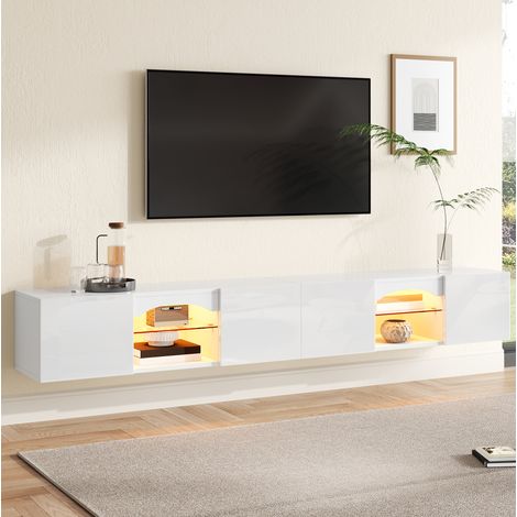 MODFU – Mueble TV 200x30x28 cm de aglomerado con 4 puertas, 2 nichos y LED por app, carga 60 kg – Blanco brillante (1/5)