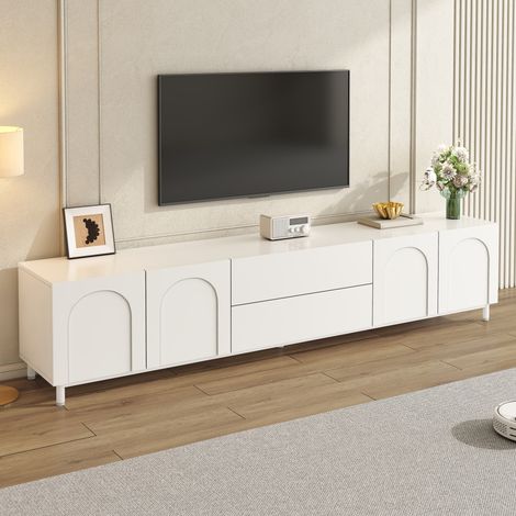 Meuble TV 4 portes et 2 tiroirs, corps en panneau de particules + MDF, pieds en tube d'acier, meuble de salon moderne à portes cintrées, rangement pour salon. (1/5)