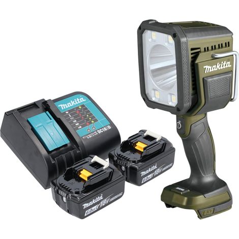 Foco de mano inalámbrico Makita DML 812 SG 18 V 1250 lm LED verde oliva outdoor adventure special edition + 2x batería recargable 6,0 Ah + cargador