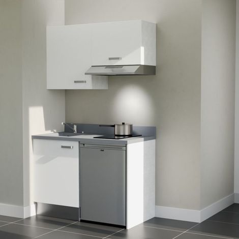 Kitchenette K01L - 120 cm - plan monobloc évier intégré Cromo- évier à gauche - Façades Blanc + Electroménager inclus coloris Inox (1/5)