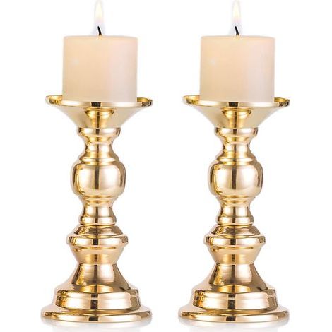 2 portacandele a colonna in metallo dorato, ideali per matrimoni, centrotavola con candele da 50 mm e supporto, decorazioni perfette per matrimoni, eventi speciali e feste. (1/5)