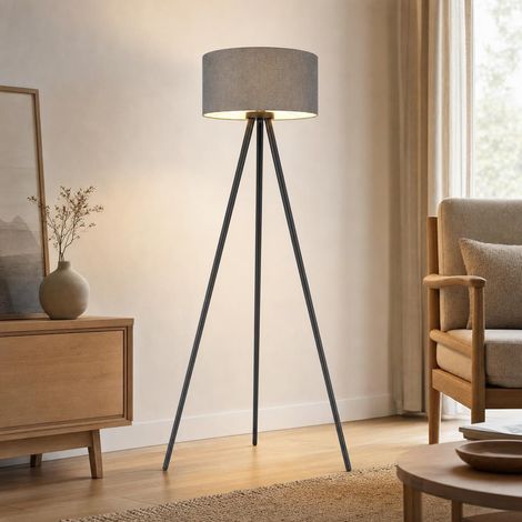 Stehlampe Stehleuchte Wohnzimmerlampe Fußschalter Schwarz Holz Textil H 148 cm (1/5)